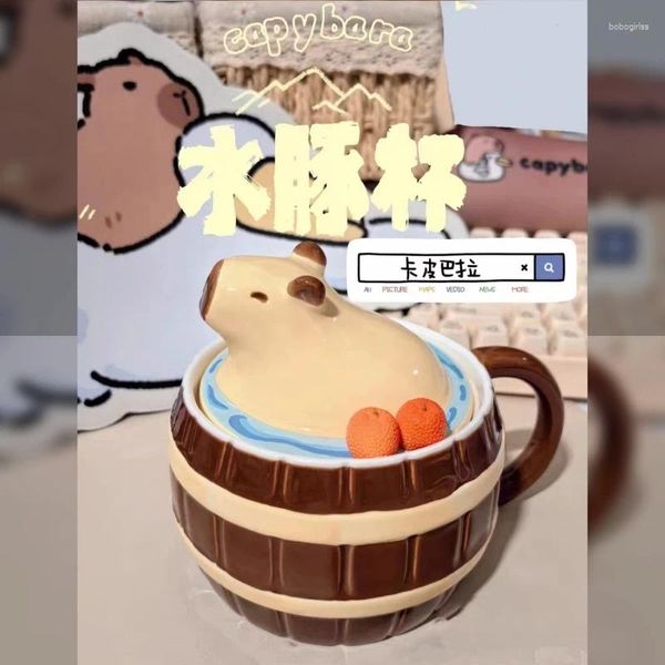 Tasses 3d kawaii balleary capybara céramique tasse ronde manche enragine couverte the tasse de café de lait de lait d'anniversaire cadeau de Noël décor de bureau de bureau