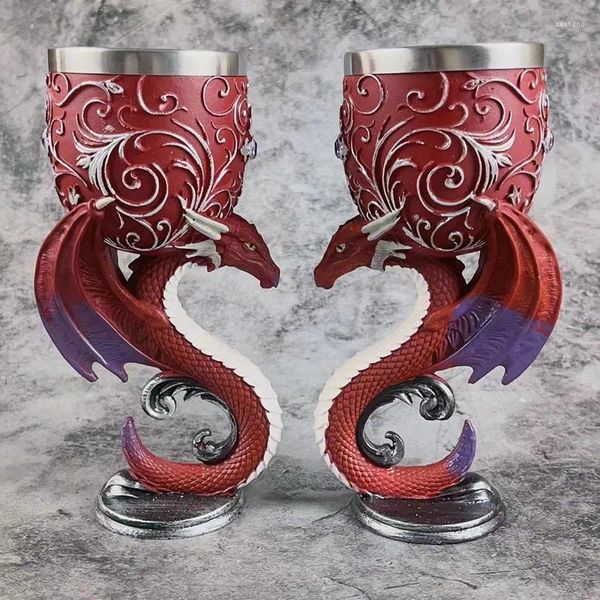 Tasses 3d sculpture gobelet 200 ml résine de couple rétro médiéval avec tasses de vin rouge en acier inoxydable Mythologie et légende décor