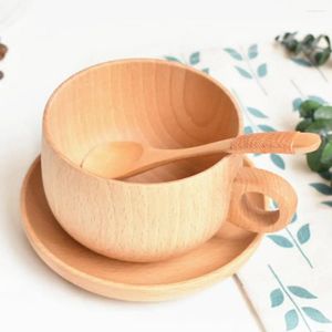 Tasses 3pcs / tasse à café set avec cuillère et plateau en bois tasse de gâteau de gaste naturelle