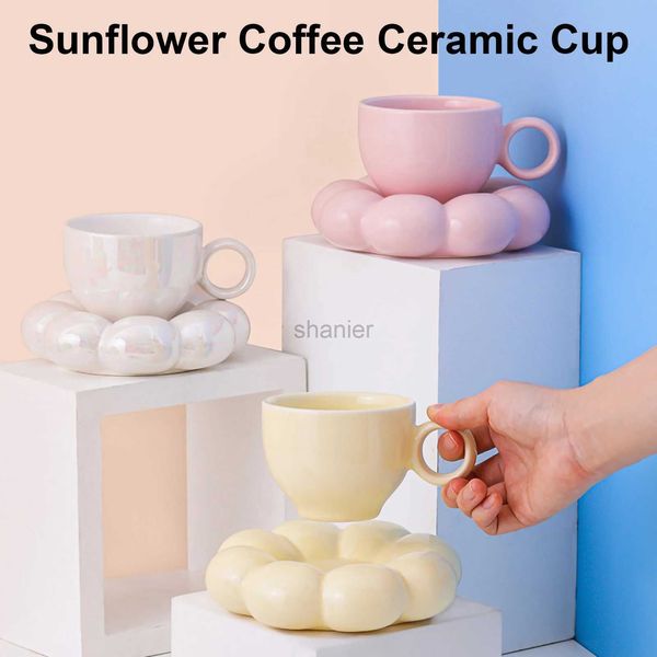 Tasses 4 Color Sunflower Cerac Coffee Mug Saucer Saucer Milk Tug With Saucer Creative Sunflower Tug Swered Kids Gift Momening Drinking Mugs 240417