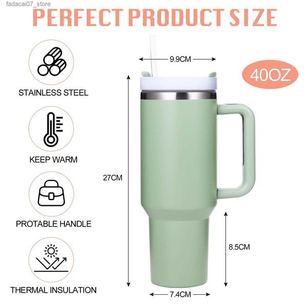 Tasses 40 oz gobelet avec poignée et couvercle de paille isolée réutilisable en acier inoxydable bouteille de voyage de voyage à café glacé pour voiture et maison et boissons froidesq240419