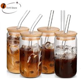 Tasses 400500ml Transparent Potable Ustensile Café Verre Tasse avec Pailles Vin Lait Bière Cola Jus Boissons Froides À La Main Can 231124