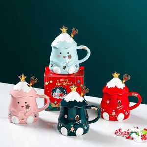 Mokken 400 ml Cartoon kerstboom mok met lepel deksel keramische water koffie melkmelk beker nieuwjaar schattig kind geschenkdoos drinkware y2210