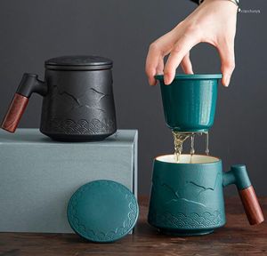 Mokken 400 ml Ceramic Retro Coffee Cup Office waterfilterthee met coverbekers en houten handvat Caneca verjaardagscadeau -doos
