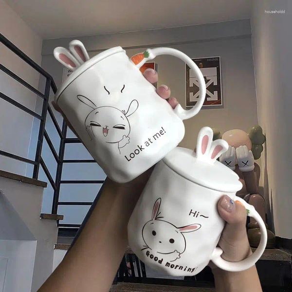Tazas 400ml lindo conejito taza de café conjunto cuchara con tapa orejas de conejo personalidad oficina hogar leche desayuno taza de cerámica