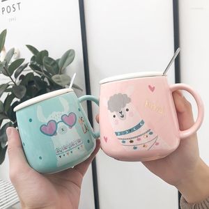 Tasses 400 ml mignon dessin animé alpaga Pot ventre tasse en céramique Mini tasse à café avec couvercle et cuillère pour garçons filles amoureux lait