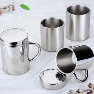 Tazas de 400 ml de doble capa Taza de acero inoxidable para café Copa de té de leche Cazas de viaje al aire libre con mango de tapa