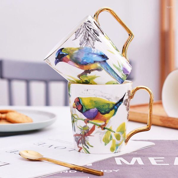 Tazas 400 ml Elegante té de café de cerámica de aves voladoras con pintura dorada mango de jardín de bebidas para el campo