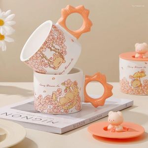 Tasses 400ml INS Bear Ceramic Tug avec couverture Créative Creative Cherry Blossom Corée Café petit-déjeuner Casse fille