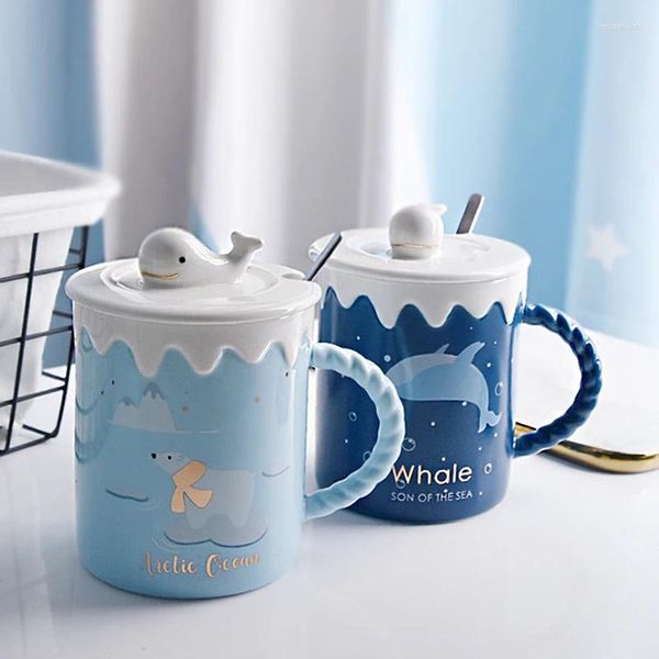 Tasses 400 ml Carton de baleine japonaise Bouteille d'eau en céramique simple avec couvercle et cuillère belle tasse de lait d'animal de mer et de cuillère