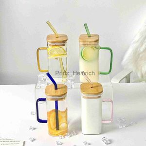 Tazas Taza cuadrada de 400 ML con tapas y pajitas Capa de mango de un solo color Tazas de vidrio para beber Soda Café helado Leche Burbuja Té Agua J230627