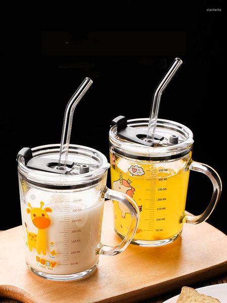 Tasses 410 ml tasse à café en verre avec paille et couvercle dessin animé créatif enfants lait tasse jus verres bouteille d'eau coffret cadeau