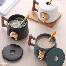 Mokken 420 ml cartoon keramische koffiemok schattig 3D Shiba Inu patroon met deksel lepel meisjes favoriete cadeau melk thee creatieve ontbijtbekers