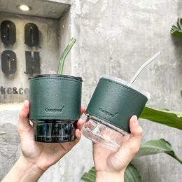 Mokken 420 ml groene creatieve glazen stro kopje hittesistent koffiemok met siliconen deksel herbruikbaar kantoor theesap melkwater 221122