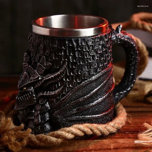 Tasses 450ml 3D rétro Dragon tasse bureau créatif en acier inoxydable double couche café résine artisanat tasse de bière
