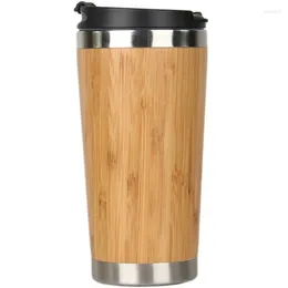 Tasses Tasse à café en bambou de 450 ml, tasse de voyage en acier inoxydable avec couvercle anti-fuite isolé et réutilisable