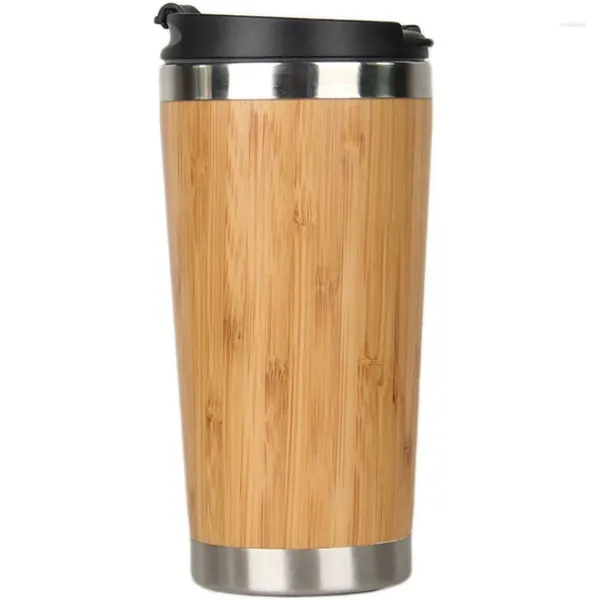 Tazas 450 ml Taza de café de bambú Taza de viaje de acero inoxidable con cubierta a prueba de fugas Aislado que acompaña Woode reutilizable