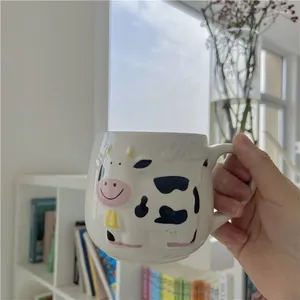 Tazas 450ml dibujos animados lindas vacas creativas de copa de cerámica en relieve café con mango de gran capacidad para niños desayunar tazas de leche