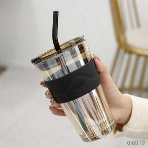 Tasses 450 ml tasse à café en verre résistant à la chaleur tasse à café verres à vin bouton d'eau scellé portable avec pailles thé au lait tasse de voyage cadeau R230712