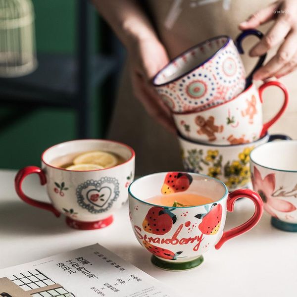 Tazas de café de cerámica pintadas a mano de 450ML, gran capacidad para desayuno, té de la leche, avena, taza de agua con asa, artículos para beber en casa y restaurante