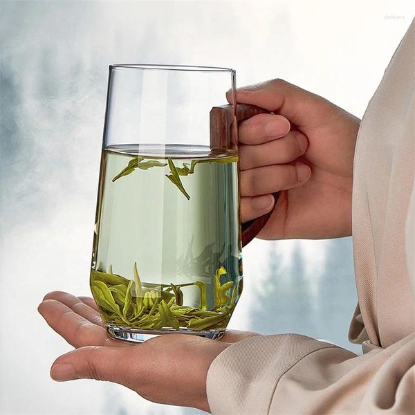 Tasses 450ml haute borosilicate verre résistant à la chaleur tasse de thé vert avec poignée en noyer fleur parfumée dégustation ensemble de thé