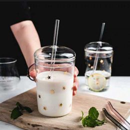 Tasses 460ml tasse en verre résistant à la chaleur tasse à café transparente avec couverclepaille maison lait jus fleur thé voyage boire