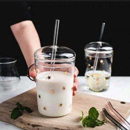 Tasses 460 ml tasse en verre résistant à la chaleur tasse à café transparente avec couvercle paille maison jus de lait fleur thé voyage boire 306b