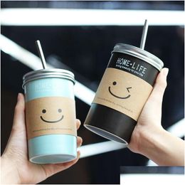 Mokken 480 ml Smile Face Korea Creative St Glass Mok Insation Cup Ceramic Mason Een fles Juice Summer Cups 20211221 Drop Delivery Ho Dhkox