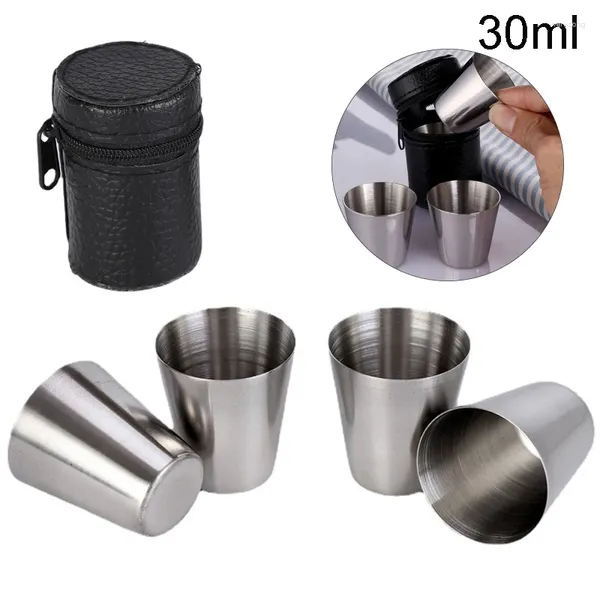 Tasses 4 pièces 30ml en plein air pratique voyage tasses en acier inoxydable Mini ensemble verres pour whisky vin bière avec étui Portable Drinkware