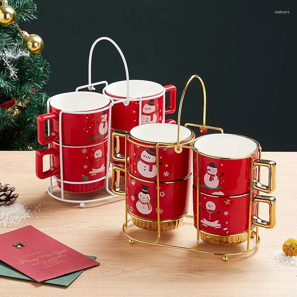 Tazas 4pcs Lindo taza de café de muñeco de nieve de Navidad con caja de regalo Copa de agua creativa de cerámica y soporte de porcelana personalizada xtmas