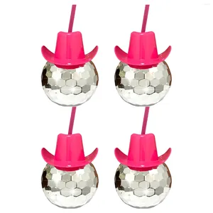 Tasses 4pcs Single Girl Cocktail Bar avec pailles Chapeau Tasses Vin Miroir 70s Anniversaire Disco Ball Danse Mariage Cowboy Western Pink Cowgirl