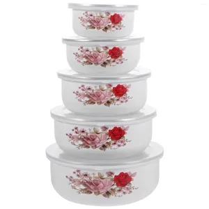 Mokken 5 pc's Email Covered Bowl Food Containers Deksels Kommen Keuken Emailware Mengen Plastic Diepen soep Baby metalen producten