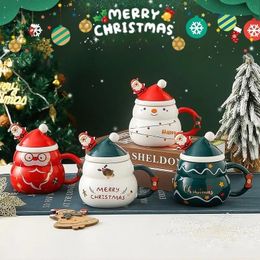 Tazas Taza navideña de 500 ml Taza de cerámica de color con tapa y cuchara Taza para beber de gran capacidad para hombres y mujeres Taza de café Regalo de Navidad 231013
