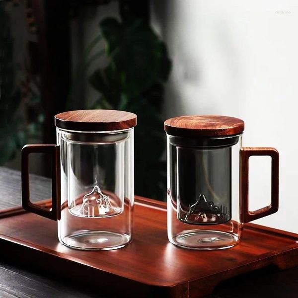 Tazas 500 ml Taza de separación de agua de té de vidrio de borosilicato resistente al calor con tapa de madera Taza de fabricación de flores