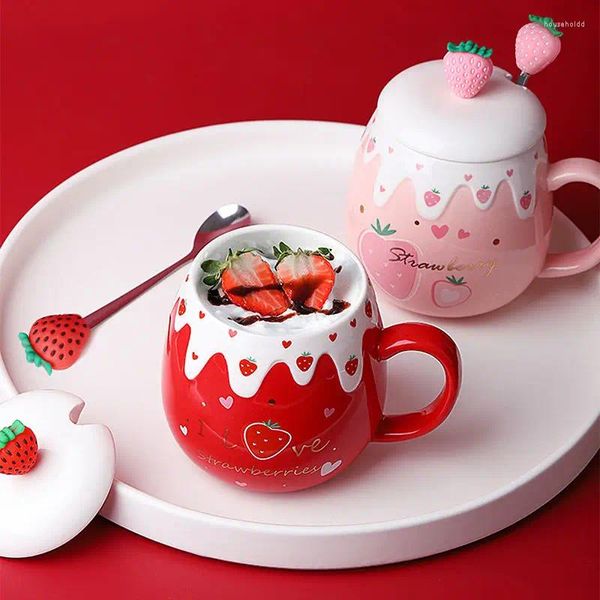 Tasses 500ml grande capacité tasse en céramique mignon fraise café avec couvercle et cuillère porcelaine petit déjeuner lait avoine tasse Drinkware