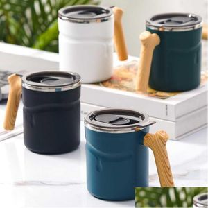 Tasses 510 ml Tasse de café à poignée en bois avec couvercle liner en acier inoxydable bière boisson froide double mur d'eau tasse expresso jus de bois