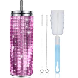 Tasses 570 ml brillant diamant gobelet tasse isolée avec jus de paille bouteilles de boisson en acier inoxydable cadeaux de fête de fiole thermique pour les filles 231218