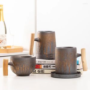 Tasses 600 ml japonais vintage en céramique tasse tulerte glay glaye thé lait bière avec manche en bois tasse de bureau à la maison