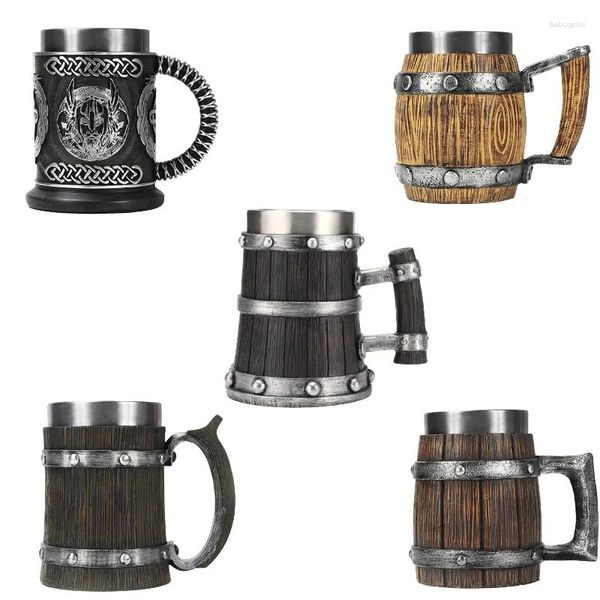 Tazas 600ml Viking Wood Style Beer Mug Norse Mythology 3D Resin S acero inoxidable Copa de café Jarra Termal