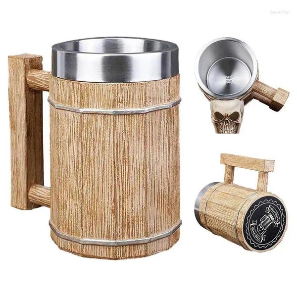 Tazas 600 ml de barril de madera taza de cerveza de madera de madera estilo vintage de acero inoxidable copa para bebidas
