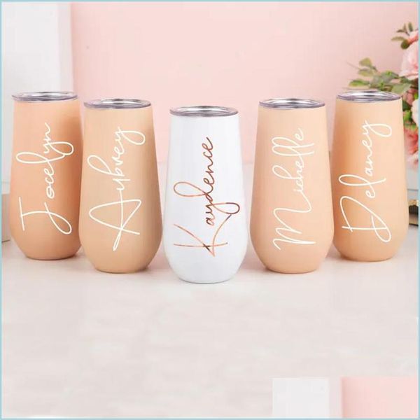 Tasses 6Oz Champagne Tumbler Insated Stemless Flûtes Demoiselle D'honneur Gobelets Avec Couvercle En Acier Inoxydable Vin Cadeau Drop Delivery Home Garden Dhngc