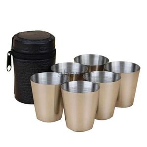 Tasses 6pcs 70 ml Verres de prise de vue en acier inoxydable avec boîtier en cuir tasses de tir à barbe à barres de boisson à boire Camping Home Restaurant Mug 240417