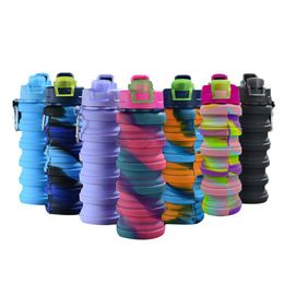 Tazas 7 colores botella de agua de silicona plegable portátil con tapa Color sólido camuflaje hervidor plegable para viajes deportivos Z0420