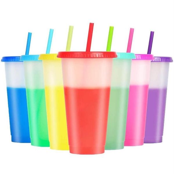 Tasses 7 pièces tasses à changement de couleur portables avec couvercle pailles en plastique en vrac réutilisables pour adultes et enfants 224z