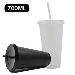 Tasses 700Ml Noir Blanc Paille Tasse Avec Couvercle Changement De Couleur Café Tasses Réutilisables Gobelet En Plastique Mat Finition Tasse
