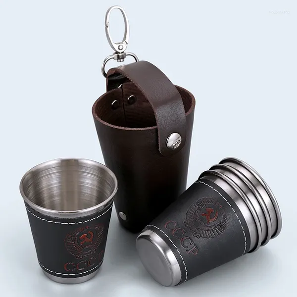 Tasses 70ml S Verre Ensemble 304 En Acier Inoxydable Flacon De Hanche Tasse En Plein Air Russie Vodka Whisky Alcool Flacon Avec Cuir PU