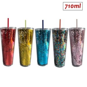 Tassen 710 ml Doppelschichtiger, bunter Glitzer-Kunststoffbecher mit Strohhalm, kreativer Wasserbecher, Strohbecher, Kaffeebecher, wiederverwendbarer Trinkbecher 231007