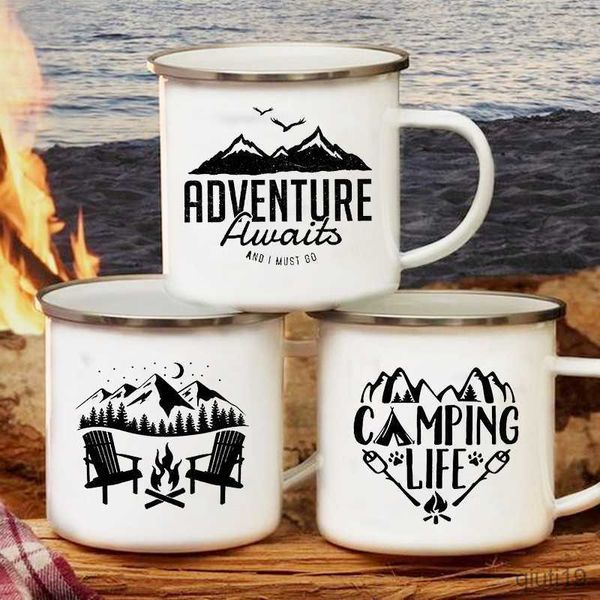 Tazas Adventure Awaits Tazas para acampar Happy Campers Campfire Cup Esmalte Tazas para acampar Campervan al aire libre Coffee Handle Mug Camper Van Gift R230713