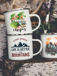 Tazas Adventure Forest Mountain Print Esmalte Creative Coffee Water Milk Cups Camping Mugs Handle Drinkware Campfire Camper Mug Gifts R230713