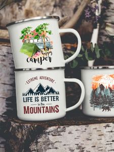 Tasses Aventure Forêt Montagne Impression Émail Créatif Café Eau Lait Tasses Camping Poignée Verres Campfire Camper Tasse Cadeaux 221122